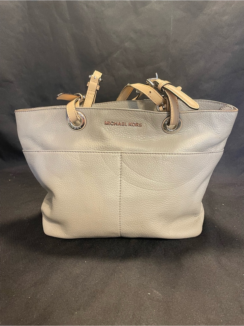 Michael Kors Light Gray Pebbled Leather Tote with Tan Handles